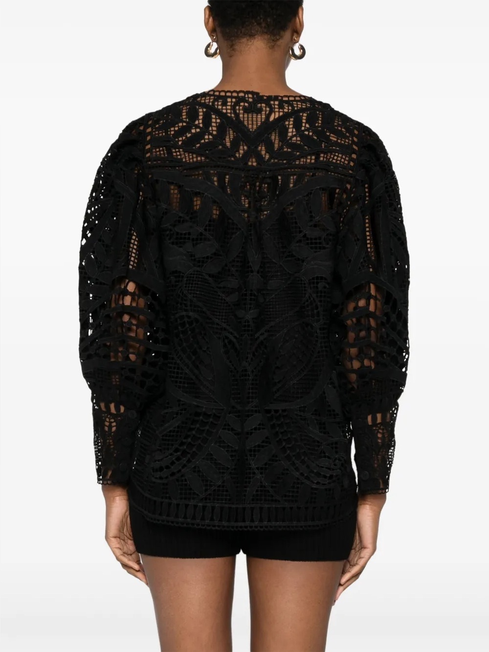 FARM Rio Black Guipure Lace Puff Sleeve Blouse Top Size M Sheer - Picture 3 of 11